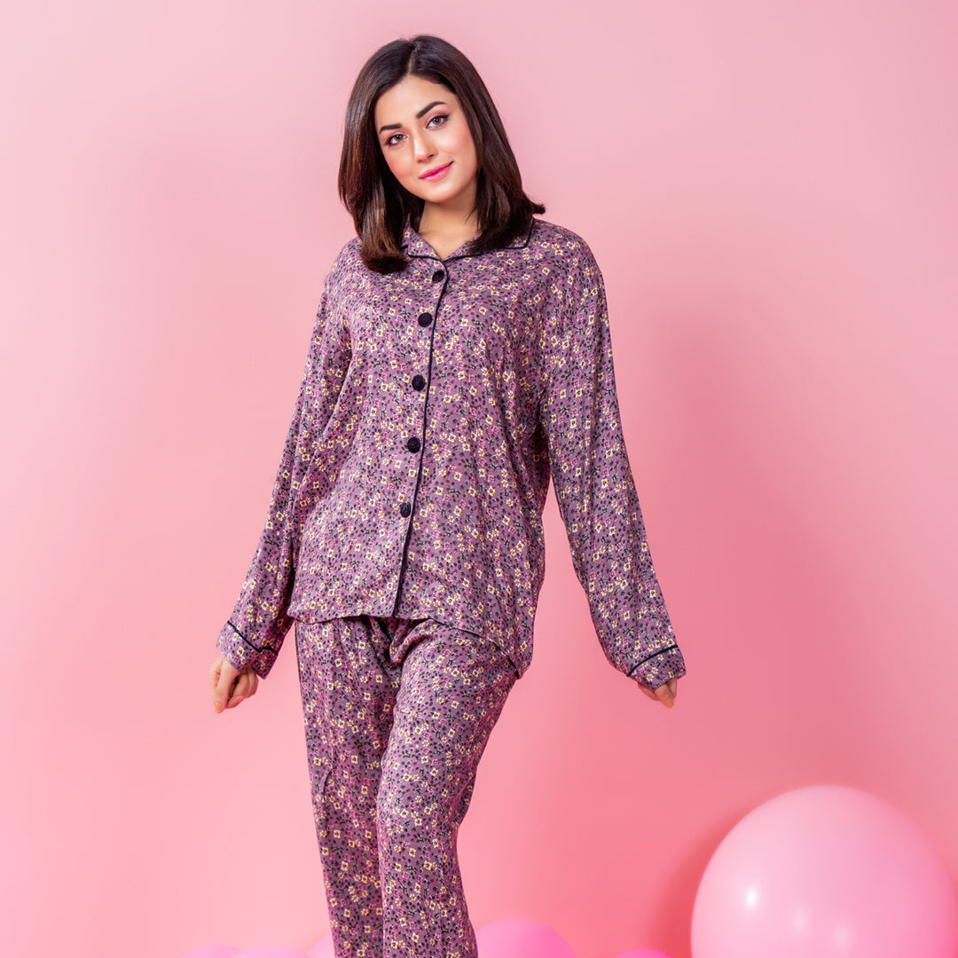 Purple Printed Woven Full Sleeve Night Suit