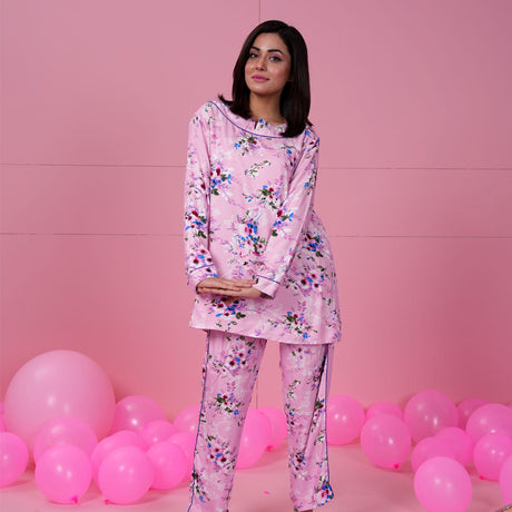 Baby Pink Printed Woven Full Sleeve Night Suit