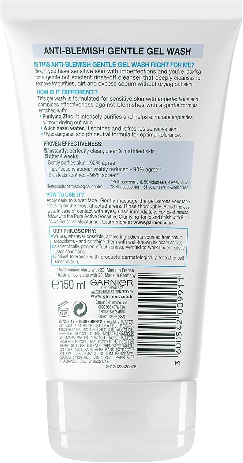 Garnier Pure Active Sensitive Anti-Blemish Gel Face Wash 150ml