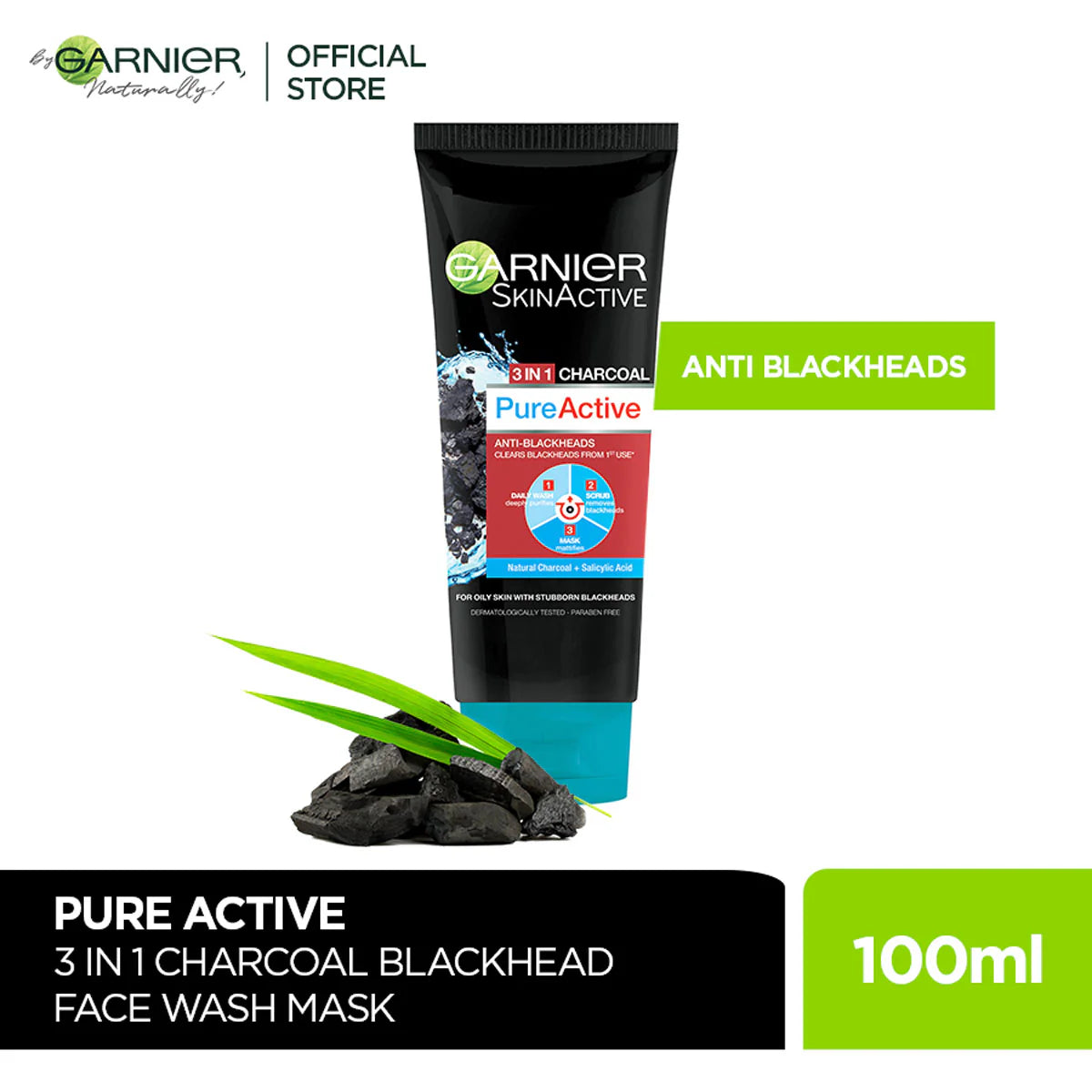 Garnier Pure Active 3 In 1 Charcoal Face Wash 100ml